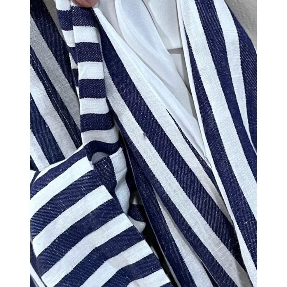 AYR Linen Sunset Midi Dress S Blue White Stripe Coastal Travel Resort Luxury - Picture 4 of 9